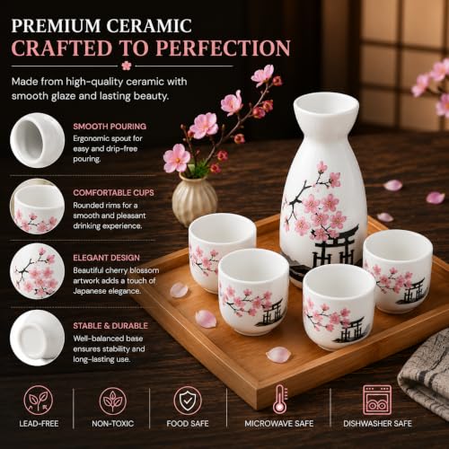Image of Melbify Japanese Sake Flower Blossom Design Set | 1 Pc Sake Bottle(180 ml) & 4 Pc Sake Cup(45 ml) | Traditional Craftsmen's Hand Painted Design | Sake Serving Set | House Warming Gift | Anniversary