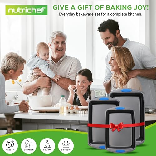 NutriChef Baking Trays for Oven Nonstick 3 Piece Set – Stackable Carbon Steel with Blue Silicone Handles, Large Medium Small Baking Sheets, PFOA PFOS PTFE Free - Image 7