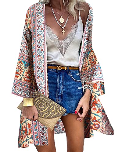 NANAMEEI Kimono de punto para mujer, con estampado de flores, estilo bohemio, para verano, playa, bikini., beige, S Cover
