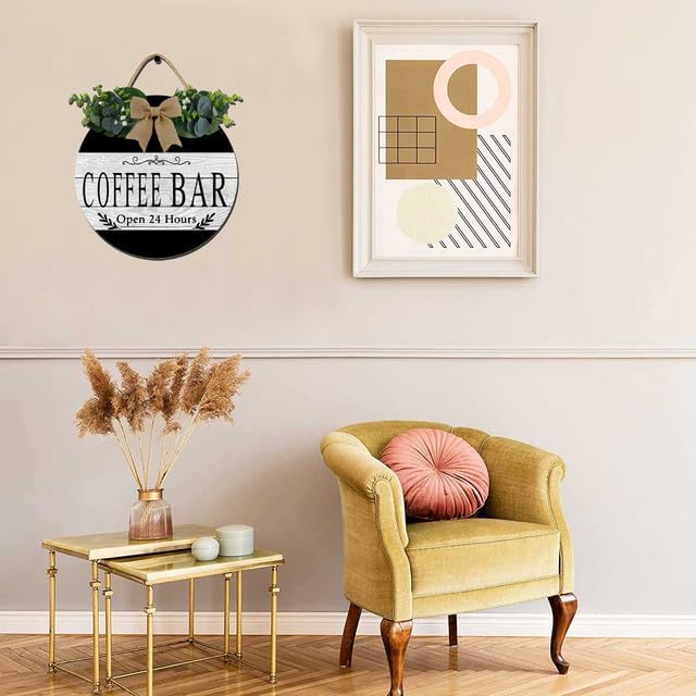 12x12 Inch 24 Hours Open Hanging Plaque - Coffee Bar Accessories (Rustic Wreath) image 4