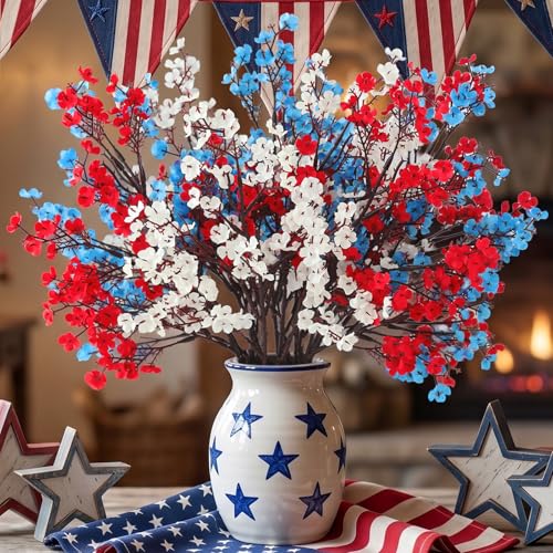 Hananona 10 Pcs 4th of July Flowers Artificial Babys Breath Fake Silk Red White Blue Patriotic Flowers for Independence Day Home Decor Floral Arrangement Table Centerpieces (10, Mix)