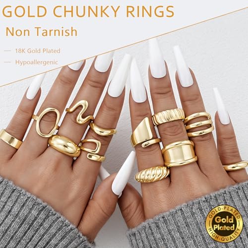 17 MILE Chunky Gold Stackable Rings for Women Non Tarnish, 18K Gold-Plated Statement Open Stacking Rings, Knuckle Band Ring Set3