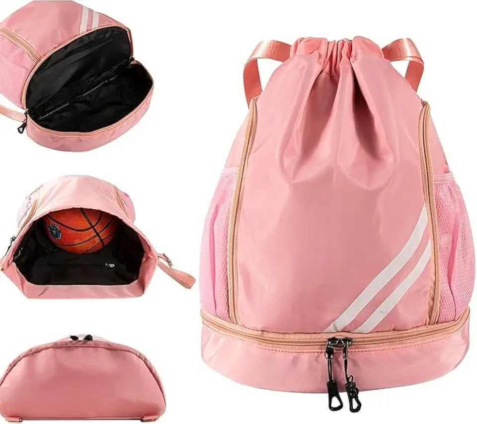 Mochila Esportiva com Cordão Impermeável, Separação Seca e Úmida, Grande Capacidade, Bolsos Laterais em Malha, Ideal para Academia, Viagem e Esportes – Com Listras