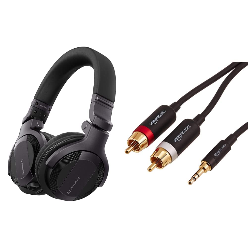 Pioneer DJ HDJ-CUE1, DJ Kopfhörer, Schwarz & Amazon Basics PBH-19822 Cinch-Audiokabel, 3,5-mm-Klinkenstecker auf 2 x Cinch-Stecker, 2,44 m