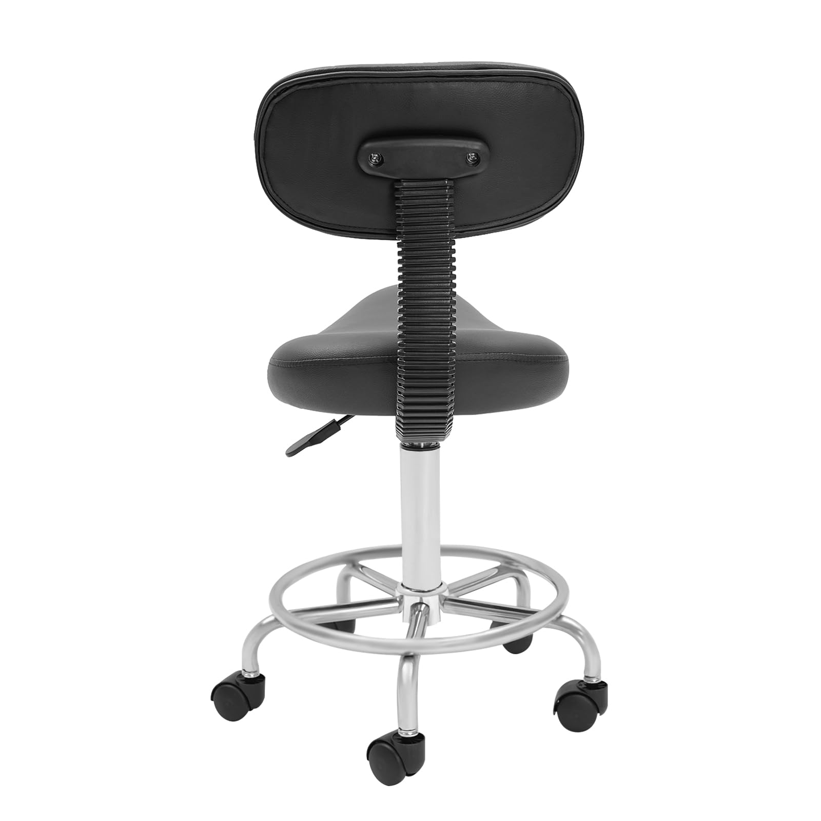 Sgabello a sella regolabile in altezza, con schienale, girevole a 360°, colore nero, design ergonomico, seduta comoda in poliuretano, per casa, salone, officina, 150 kg, portata 45-59 cm