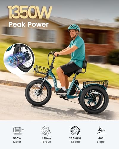 Image of MOONCOOL Electric Tricycle for Adults, 20 inch x 4 inch Fat Tire Electric Trike, 48V 500W 3 Wheel Electric Bike, 7 Speed E Trikes for Adults with Removable Battery, Aluminum Frame & Large Basket