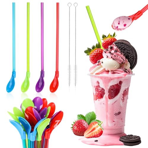 24 Stück Strohhalme Löffel, Wiederverwendbare Trinkhalm Löffel mit 2 Bürste, 2-in-1 Plastik Mehrfarbig Strohhalme für Slush, Milchshake, Cocktails