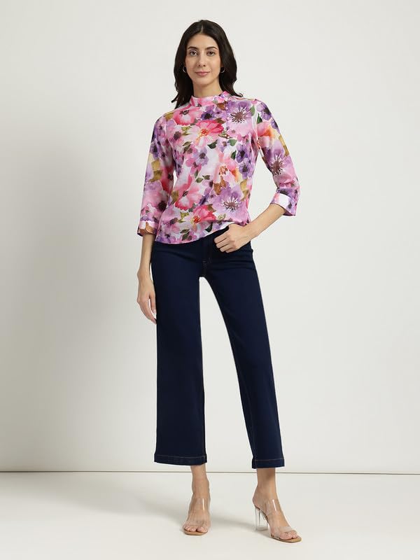 Image of FableStreet Women Formal Top | Asymmetrical Button Placket Band Collar Three-Quarter Sleeves | Pure Cotton Smooth Fabric for Office & Workwear