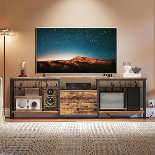 Image of YATINEY TV Stand with Power Outlet Up to 75 Inch, Entertainment Center with 2 Fabric Drawers, TV Console Table with Open Storage Shelves for TVs, Cable Management, for Living Room, Bedroom, DS18UBRY1