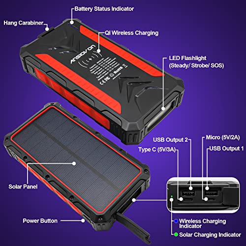 Solar Charger Power Bank - Ansiovon 38800Mah Qi Wireless Portable Solar Phone Panel Charger For Iphone - External Battery Pack With Led Flashlight - Ip54 Waterproof - 3 Outputs 5V/3A & 2 Inputs #TOP3