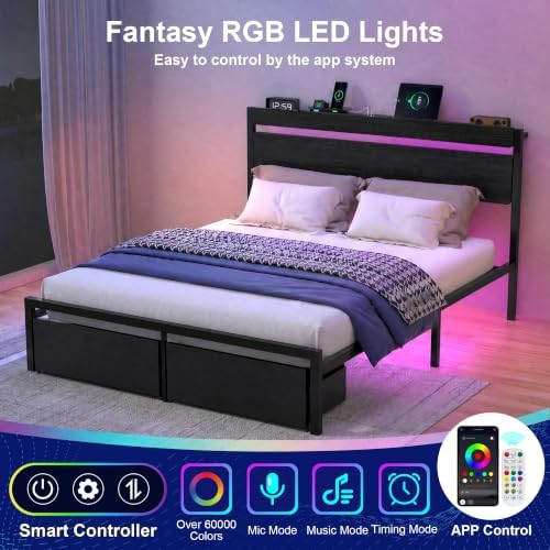 XKLOGER Queen Bed Frame with Drawers, Platform Bed with LED Lights & Charging Station, Wood Headboard, Strong Metal Slats Support, No Box Spring Needed, Noise Free, Easy Assembly - 3