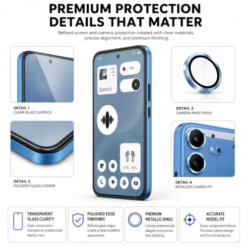 Image of ArmourPro Edge to Edge Tempered Glass for Nothing Phone (4b) with Blue Camera Ring Guard, 9H Screen Protector, Anti-Scratch, Anti-Fingerprint, Bubble-Free Installation Kit