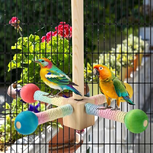 Image of Bird Stand Perch, Colorful Wooden Parrot Perches for Cage Spinning Interactive Cockatiel Toys Parakeet Cage Accessories
