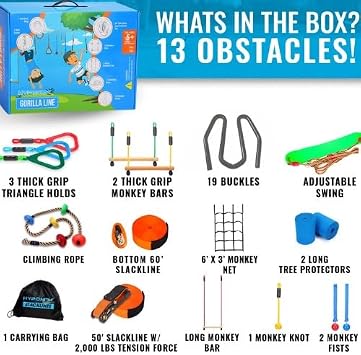 Hyponix Ninja Warrior Obstacle Course for Kids, 2 x 60ft, 13 Obstacles | Ninja Slackline for Kids, Supports 880lbs Monkey Net, Ratchet-Tight Tech, Climbing, Swinging & Balance Training, Ages 3+