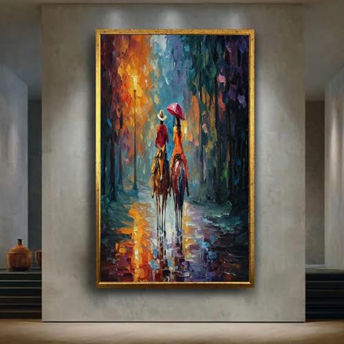 momime Romantic couple horseback riding in rainy forest oil painting