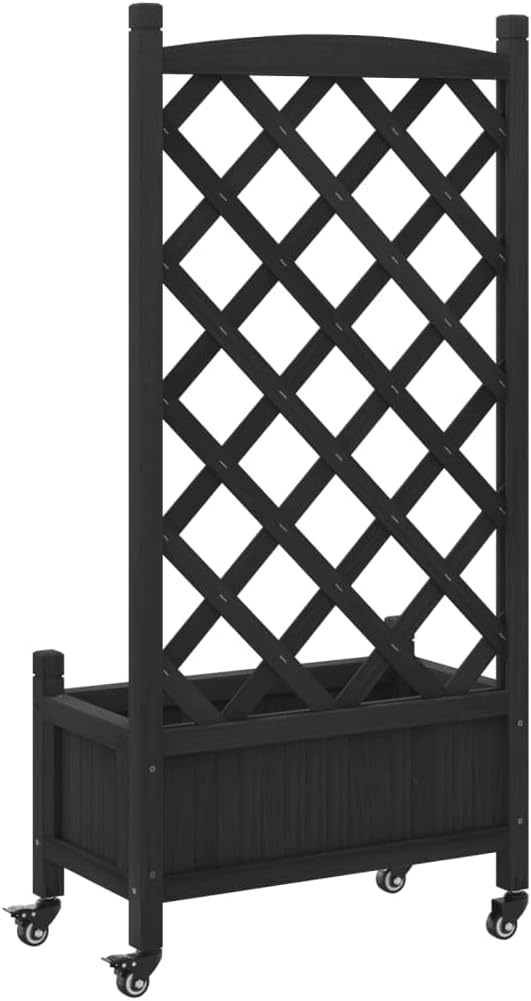 vidaXL Outdoor Planter with Trellis and Wheels - Black Solid Fir Wood Flower Box for Patio, Garden, Terrace - Spacious and Mobile Design, 21.7"x11.6"x46.3"