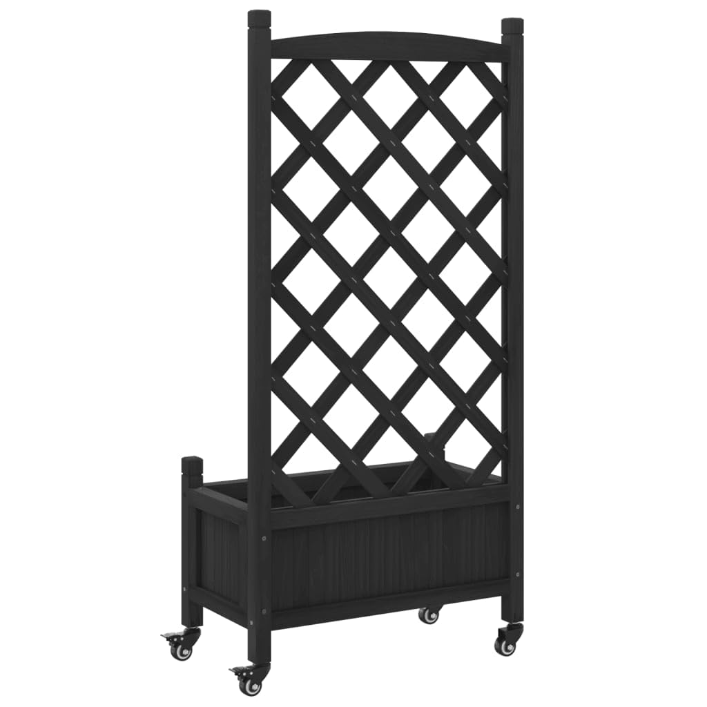 Jardinière avec Treillis et Roues Noir Bac à Fleurs en Bois de Sapin pour Plantes Grimpantes Potager Vertical de Balcon Terrasse Jardin Étagère Extérieure 55x29,5x117,5 cm
