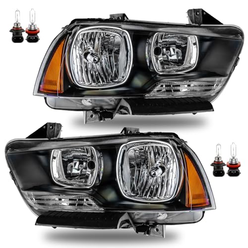 MerveilLuz Headlight Assembly w-Bulbs Compatible with 2011-2014 Dodge Charger OE Halogen Headlamp Black Housing Amber Reflector Replacement Driver and Passenger Side