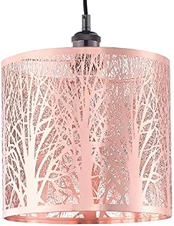 Unique and Beautiful Polished Copper Metal Forest Design Ceiling Pendant Shade When Lit The Light Escapes Through The Gaps and Casts The Forest Against The Walls and Ceiling by Happy Homewares