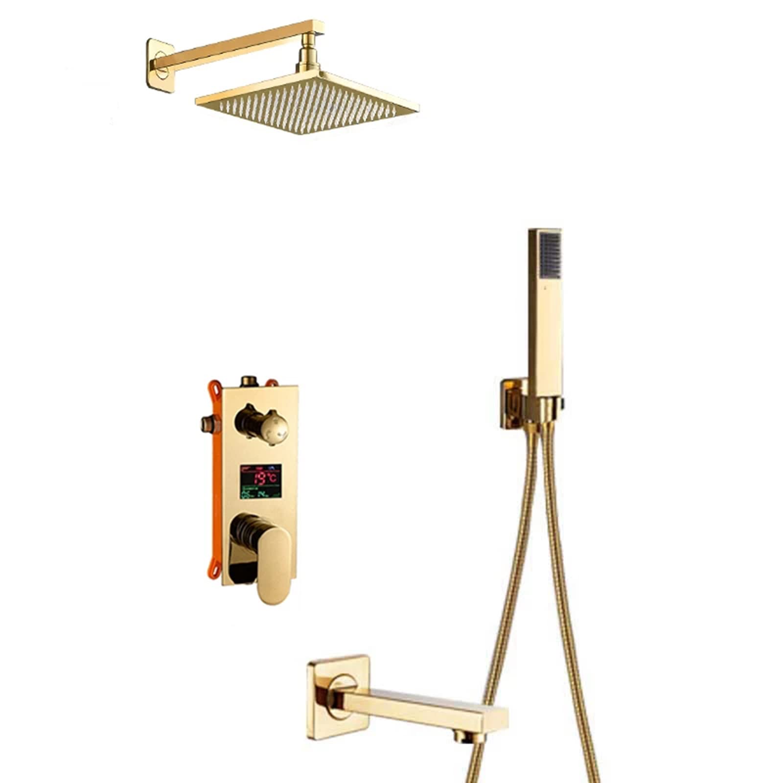 Système de douche à LED doré ensemble complet encastré avec douchette et robinet de baignoire