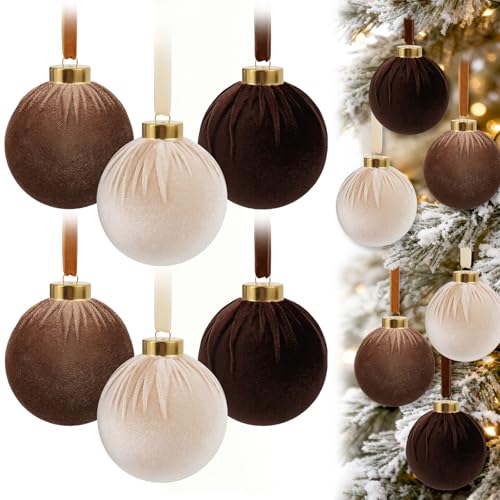 Shaxcoq 15Pcs Neutral Brown Velvet Christmas Ornaments for Tree