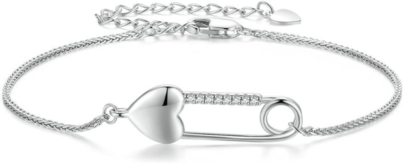YANHAO 925 Sterling Silver Heart-Shaped Button Pin Bracelet Snake Chain Bracelet for Women Pave Setting CZ Fine Jewelry 1Pcs