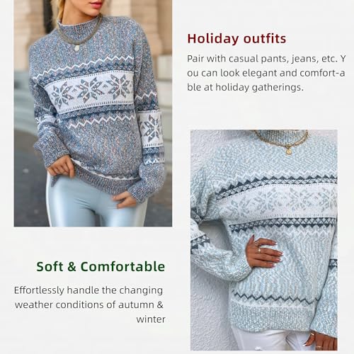 Women's Sweater with Snowflake Pattern Cozy Winter Pullover with Nordic Style Soft Mock Neck Long Sleeve Jumper4