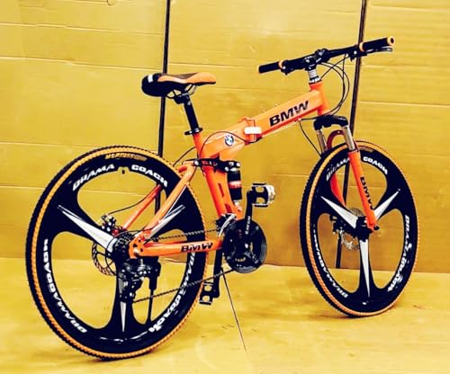 Image of Amaze Kai Dual Suspension Bikes Bm Foldable Gear Cycle for Men with 21 Speed Gear 6 Spoke | Folding Mountain Bike with Double Disc Break & Mac Wheel, 26 Inch, White N Black (Orange- B)