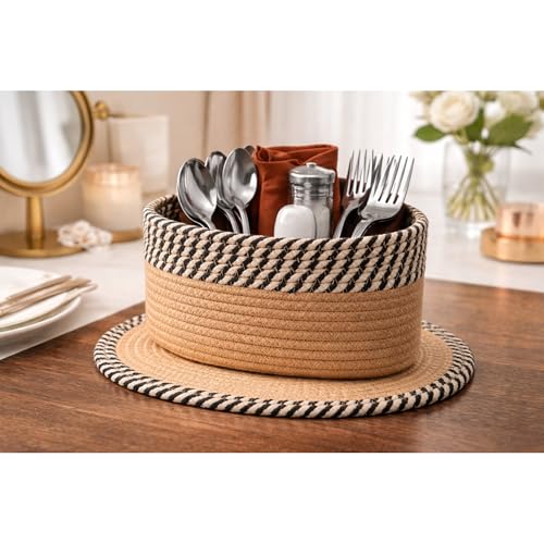 Image of Remote Stand for Table | Cotton Rope Storage Basket for Makeup Organisers, Coffee Table Organiser & Remote Holder for Living Room | Eco-Friendly Dual-Tone Organizer with Mat (ZEB-Black & Beige)