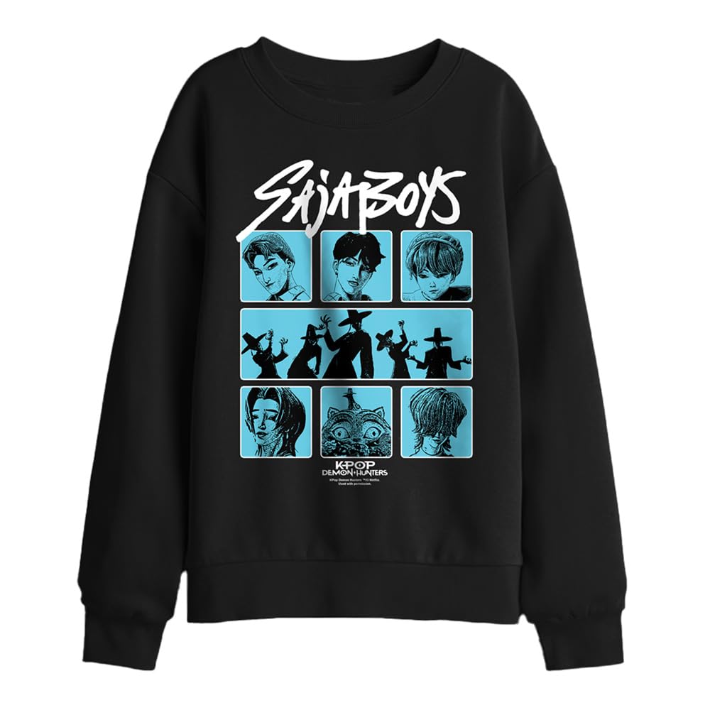 Kpop Demon Hunters Saja Boys Posterized Squares Kids Sweatshirt, Black, 12-13Y
