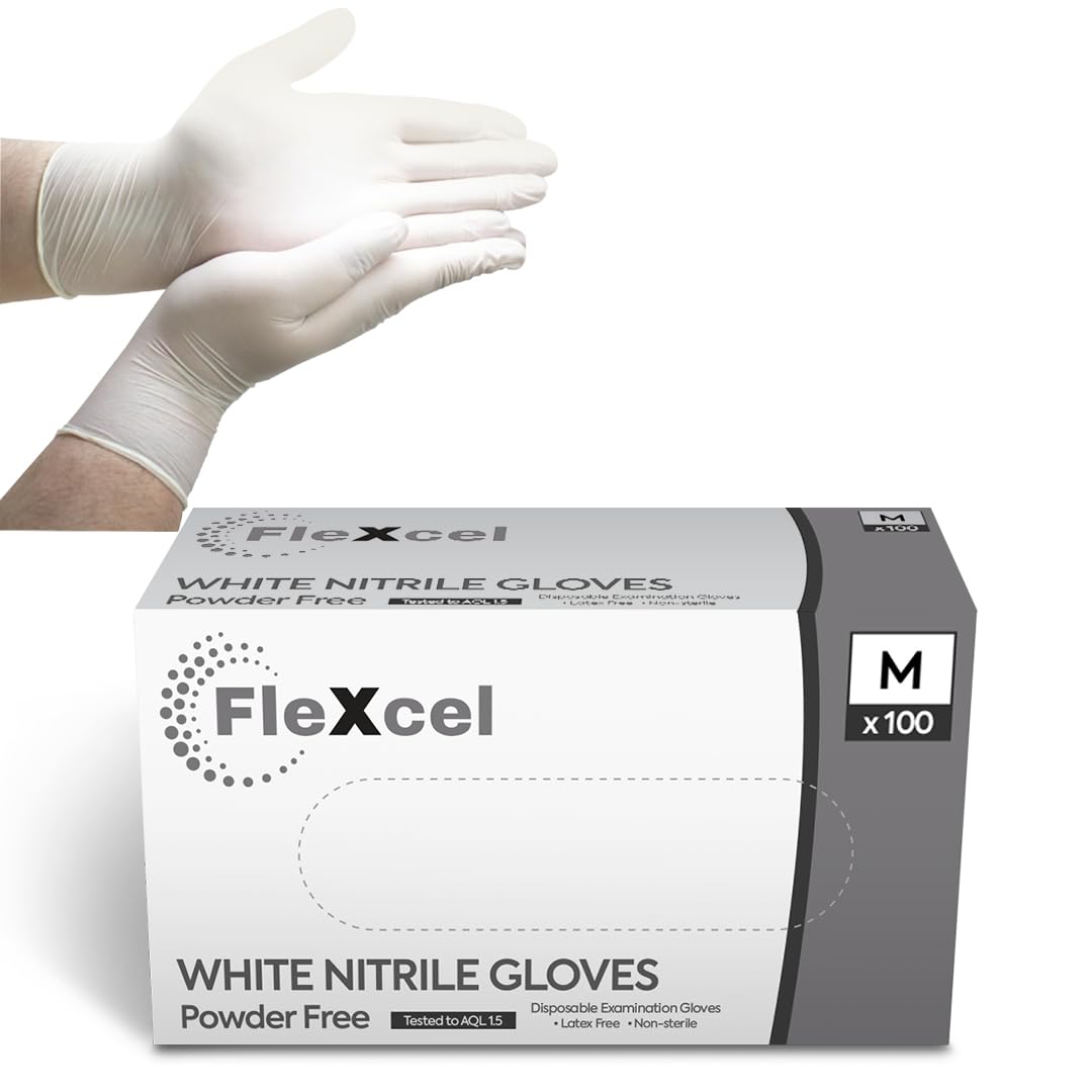 FleXcel White Nitrile Gloves (Box of 100) Size Medium - Multipurpose Powder Free, Latex Free, Medical Grade, Food Safe Examination Gloves - AQL 1.5 PPE Regulation 2016/425 Category III Certified