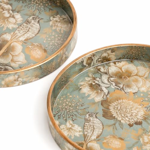Image of Round Wooden Serving Tray Set of 2, Decorative Floral Design Resin Coated Trays with Raised Edge, Multipurpose Serving & Home Decor Trays for Dining Table, Centre Table & Kitchen