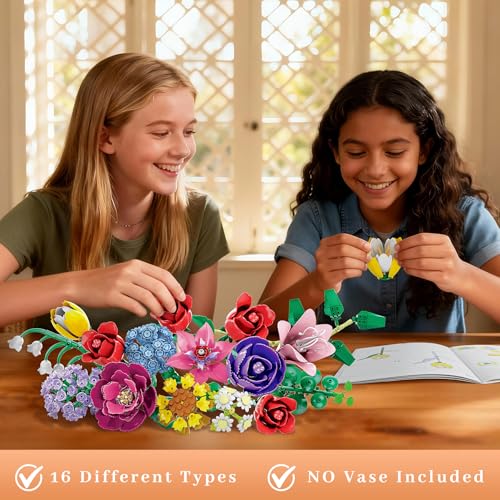 Image of Flower Bouquet Building Set, Compatible with Lego for Adults, 16 Rose Building Block, Artificial Flowers Botanical Collection Kit Home Decor, Gift for Her (907 PCS)