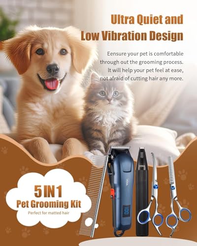 5-in-1 Low Noise Rechargeable Cordless Dog Clippers Pet Grooming Kit for Dogs & Cats|Quiet high Power pet Grooming Set for Small Large Dogs & Thick Coated Cats, Includes Comb, Clippers & Nail Clipper - Image 2