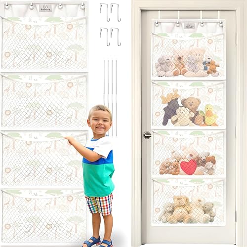 Stuffed Animal Storage – Over Door Toy Organizer for Plush, Stuffies & Soft Toys – Large Mesh Bag Hammock Hanging Storage for Girls, Boys, Toddlers, Baby Room (With animal patterns)