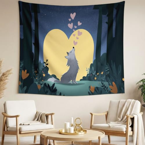 Tapisserie murale loup et lune en tissu rectangulaire 240x320 cm pour salon