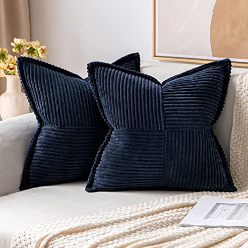 Image of MIULEE Decorative Throw Pillow Covers for Couch Bed Livingroom 20x20 Inch Set of 2 Navy Blue Boho Accent Throw Pllows Broadside Striped Patchwork Soft Corduroy Summer Coastal Pillowcases