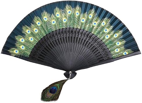 Folding Hand Fan for Women Peacock Feather Pattern Foldable Vintage Style Bamboo Silk Fan for Home Wall Decoration, Costume Party, Birthday Gift, Outfit