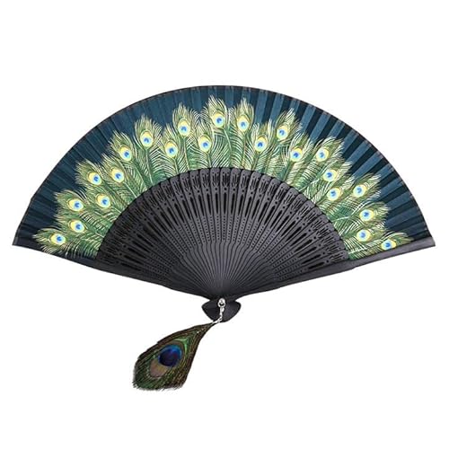 YIRUZWRD Folding Hand Fan for Women Peacock Feather Pattern Foldable Vintage Style Bamboo Silk Fan for Home Wall Decoration, Costume Party, Birthday Gift, Outfit