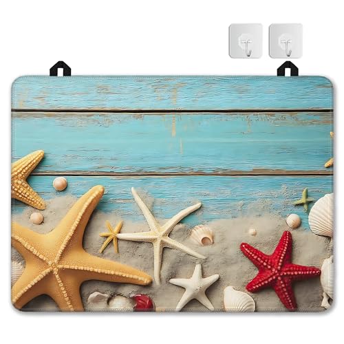 Image of Starfish Seashells Stove Top Covers for Electric Stove,Blue Wood Board Glass Top Stove Cover, Heat Resistant Range Covers for Electric Stove,Washable Countertop Mat, 28 x 20 Inch