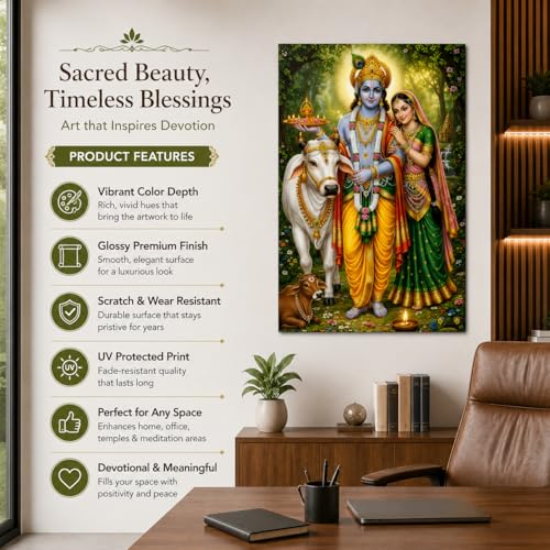 Image of Rangoli Radha Krishna Self Adhesive Poster 12x18 Inch | Hindu God Wall Sticker Poster with Cow & Calf for Home Temple Pooja Room Living Room Bedroom Decor | Spiritual Devotional Wall Art