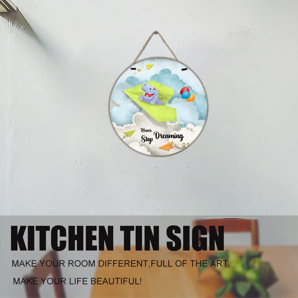 Finamille Inspirational Wall Art -Never Stop Dreaming,Hippo Shabby Chic Round Sign for Kid's Bedroom Classroom Nursery 12x12 Inches Wooden Door Hanger