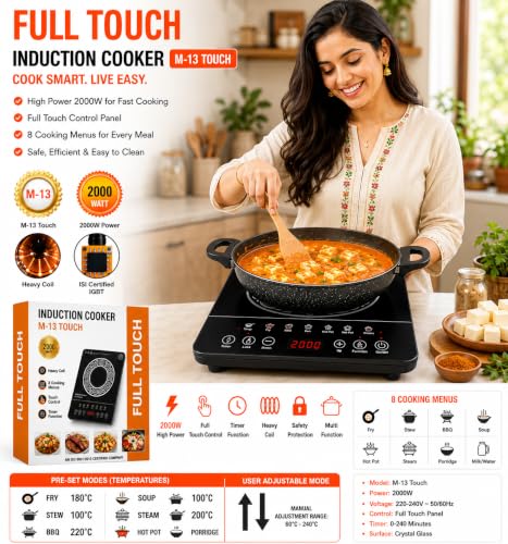 Image of Induction Cooker M-13 Touch, 2000W Portable Electric Cooktop, 8 Indian Cooking Modes, Crystal Glass Top, Touch Control, Timer and Auto Off Feature