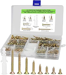M3 Brass Screws for Wood Assortment Set 420 pcs, Galvanized countersunk Screws Set, Contains 20 pcs M6 Screw Anchors, DIY and Joinery Screws Set.