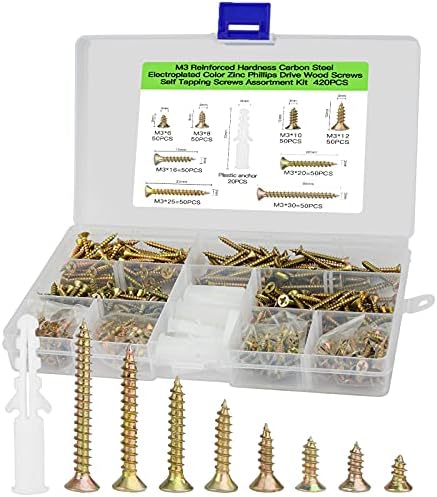 M3 Brass Screws for Wood Assortment Set 420 pcs, Galvanized countersunk Screws Set, Contains 20 pcs M6 Screw Anchors, DIY and Joinery Screws Set.