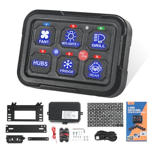 RGB 6 Gang Switch Panel with Momentary Toggle Pulsed Memory Function LED Switch Panel Dimmable Auxiliary Circuit Control Relay System for Truck UTV Car Boat