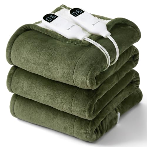 Image of Bedsure Heated Blanket King Size, Dual Control Electric Blanket, Green | Preheat Function,6 Heat /6 Timer Settings, 8H Auto Shut-Off, ETL /FCC, Soft Flannel Sherpa, Machine Washable, 84x90in