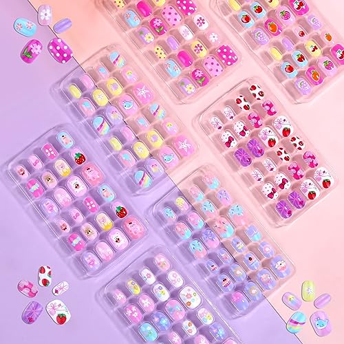 168Pcs Press on Nails for Kids Girls Shynek Kids Fake Nails for Children Pre Glue Stickers Nails Full Cover Short Acrylic Nails Set Gifts for Girls Nail Art Decoration