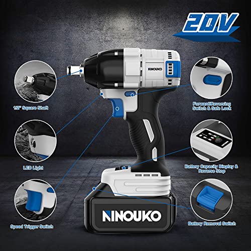 Ninouko Cordless Impact Wrench 1/2 Inch, 20V Electric Impact Gun 400N.m Brushless Impact Wrench Driver Kit 3000 Rpm Variable Speed, High Torque, With 4.0Ah Battery & Fast Charger, Impact Sockets #TOP4