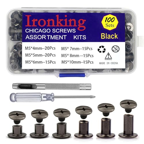 Ironking 100Sets M5 Leather Chicago Screws Assorted Metal Leather Fasteners Buttons Screw Rivets? for Leather Craft Decorate and Repair Belts Bags Shoes Purse (Gunmetal Black, M5*4,5,6,7,8,10)